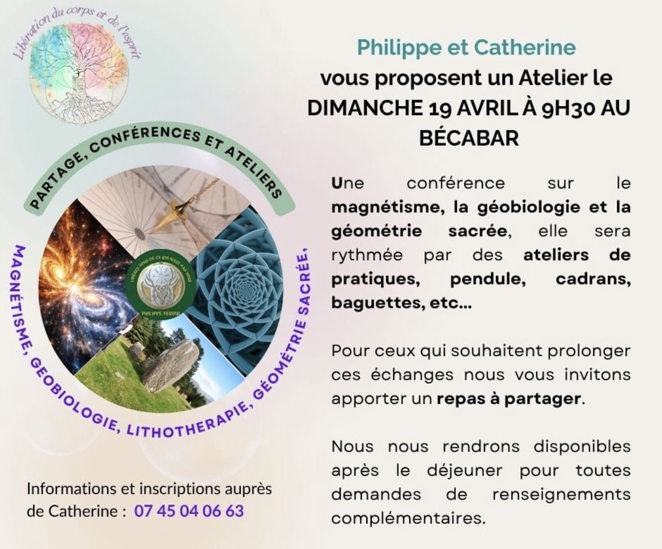 Conférence Partage ~ Ateliers de pratiques ~Pendule ~ Cadrans ~ Baguettes – Dimanche 19 Avril à 9h30 – 📞Catherine 07 45 04 06 63
