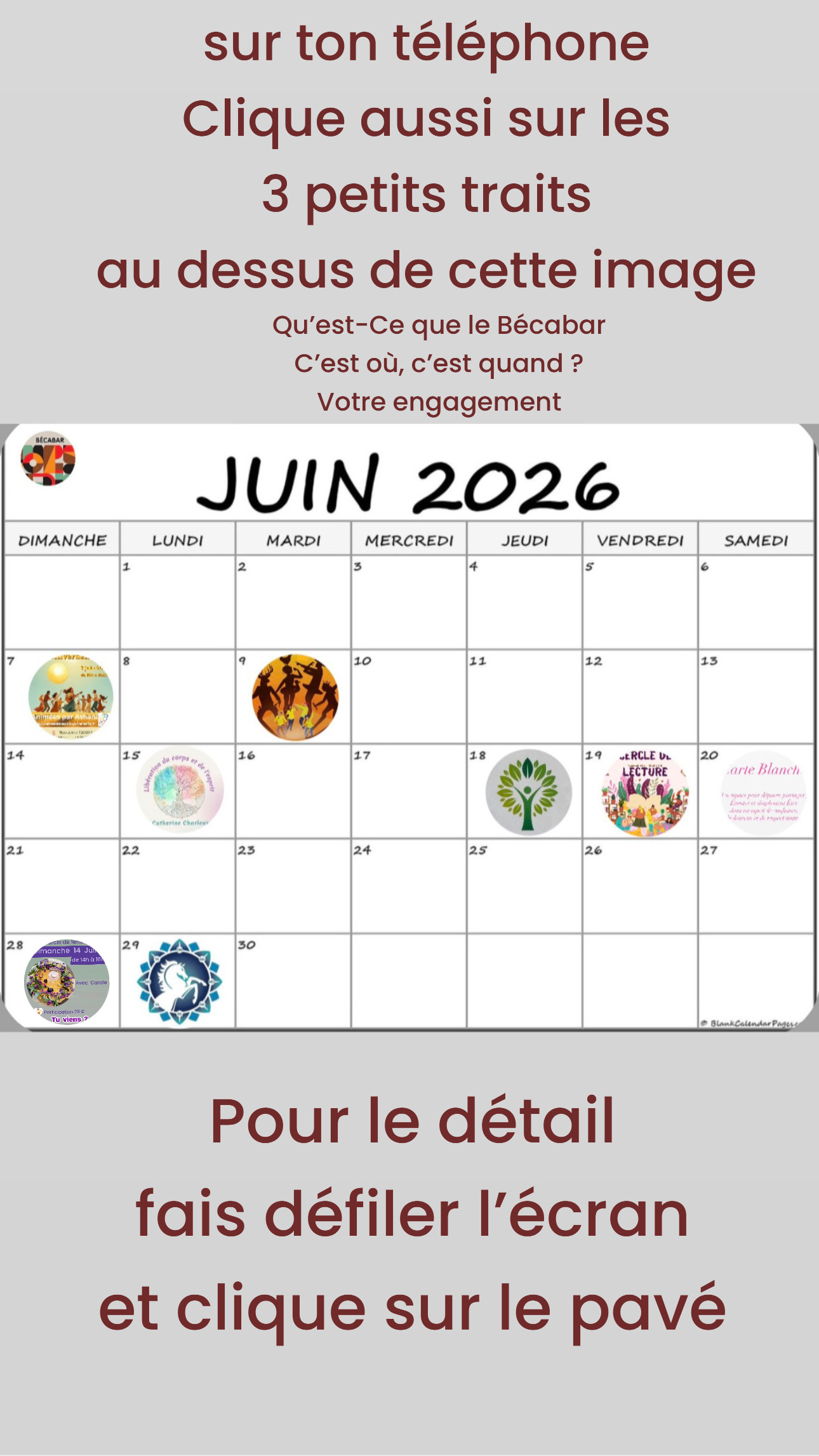 Pour le détail fais défiler ton écran vers le bas pour retrouver tous les événements et sur ton téléphone clique aussi sur les 3 petits traits au dessus de ce visuel pour plus d&rsquo;infos